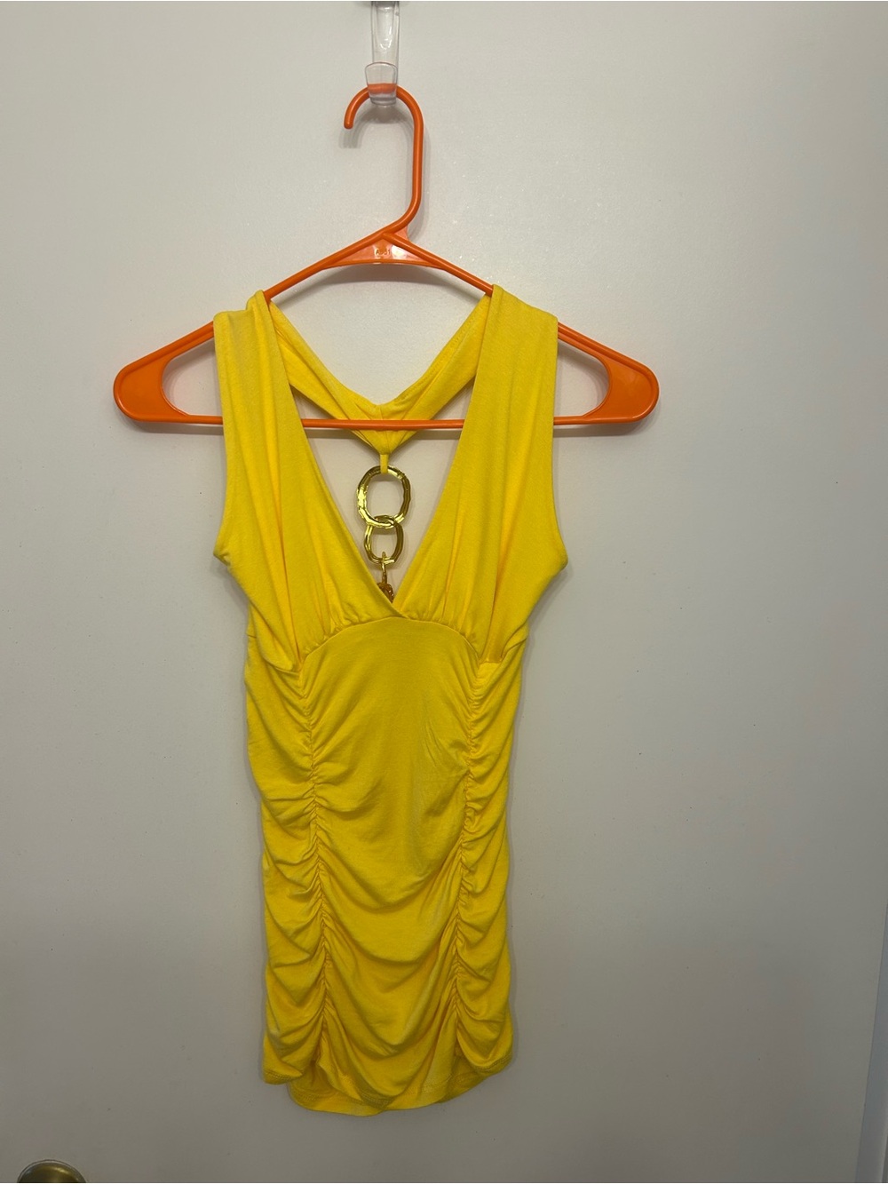 NWOT Body Central Yellow Ruched V-Neck Women’s Dress with Back Ring Detail